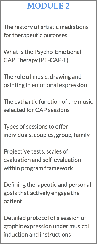 MODULE 2 The history of artistic mediations for therapeutic purposes What is the Psycho-Emotional CAP Therapy (PE-CAP-T) The role of music, drawing and painting in emotional expression The cathartic function of the music selected for CAP sessions Types of sessions to offer: individuals, couples, group, family Projective tests, scales of evaluation and self-evaluation within program framework Defining therapeutic and personal goals that actively engage the patient Detailed protocol of a session of graphic expression under musical induction and instructions