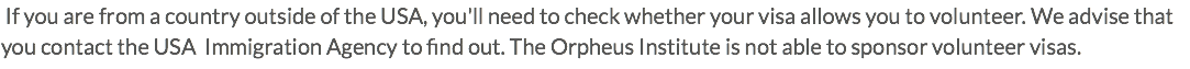  If you are from a country outside of the USA, you'll need to check whether your visa allows you to volunteer. We advise that you contact the USA Immigration Agency to find out. The Orpheus Institute is not able to sponsor volunteer visas.